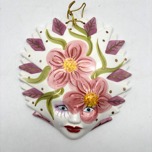Vintage 90s Sunburst Hand Painted Pink Gold Floral Woman Glazed Mask 8x7" - Picture 1 of 11